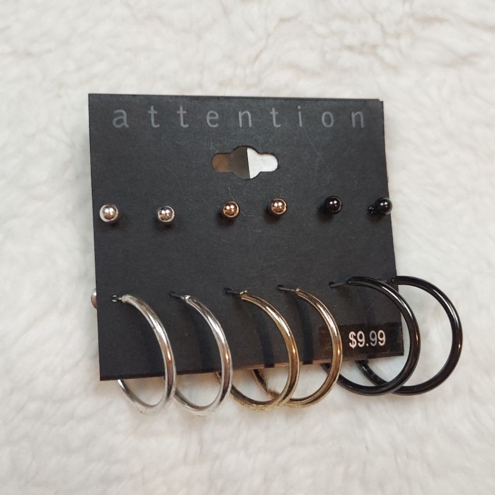 Attention Black Silver Gold Metal Hoops & Posts | 6 Pair Earring Set